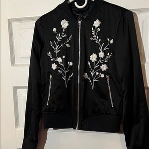 a.n.a Black Bomber Jacket with White Floral Embroidery